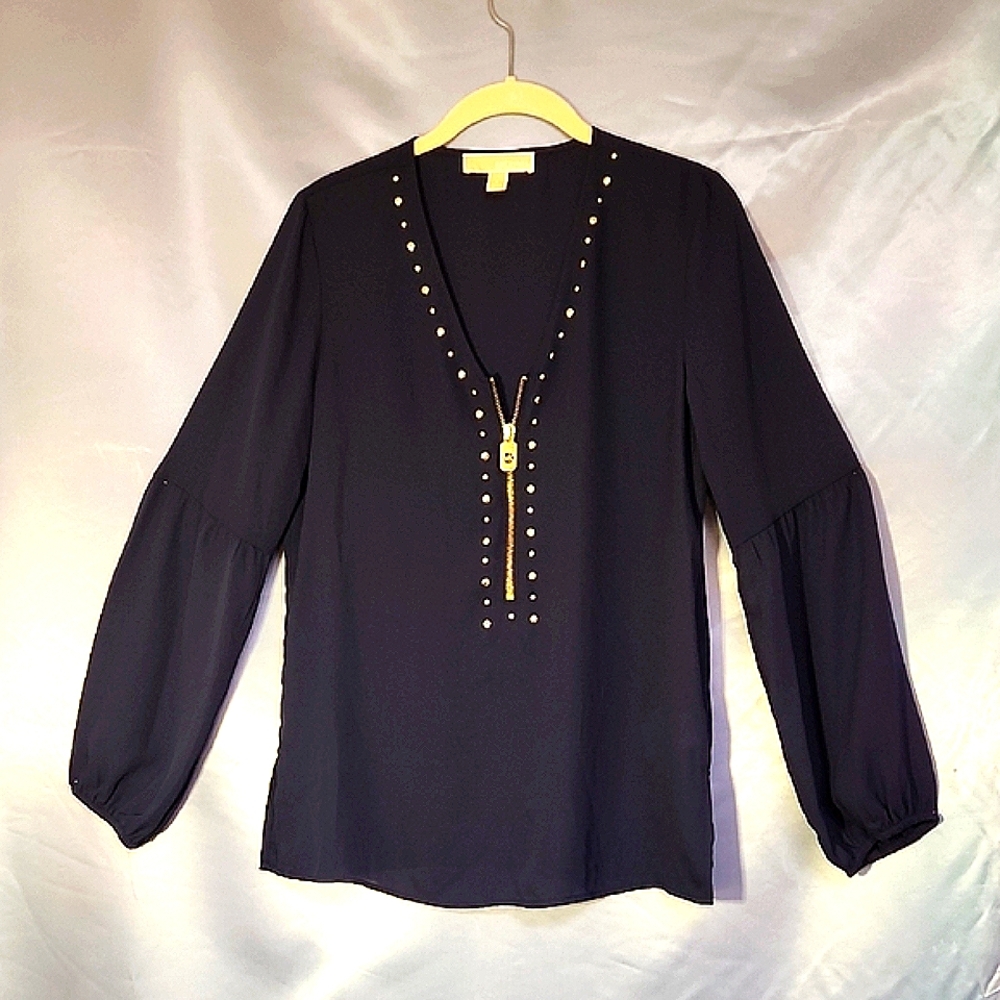 Michael Kors Black Long-Sleeve V-Neck Blouse with Gold Studs & Zipper